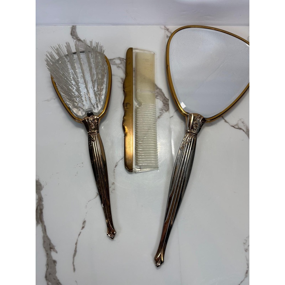 Vintage Gold Tone Vanity Set Hand Mirror Brush Comb Ornate Floral‎ Wreath 3pc